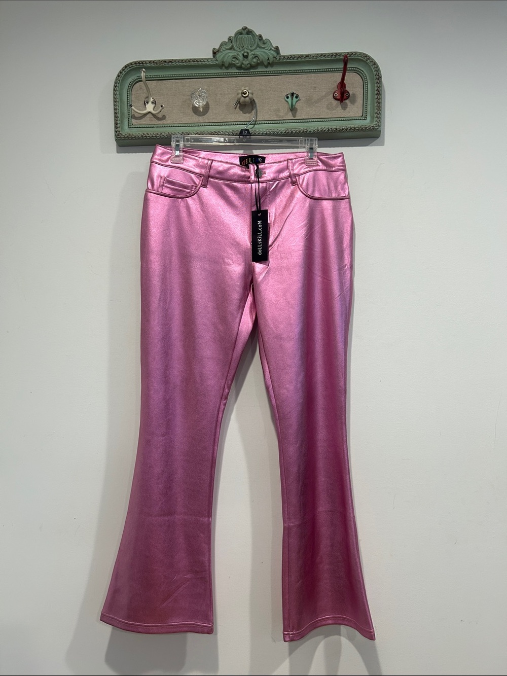 Dolls Delia’s kill club pink metallic kick flare women’s pants large new w tags
